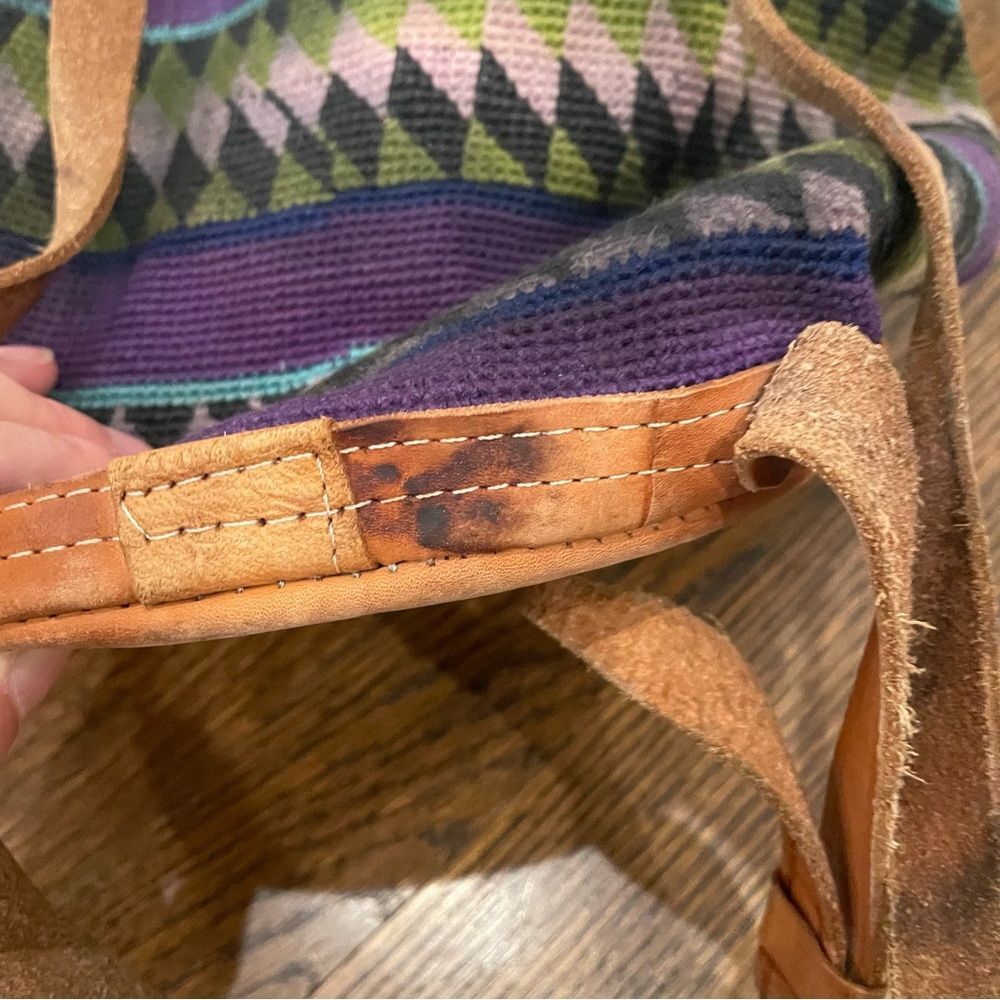 VINTAGE Aztec Tapestry & Tan Leather Drawstring Backpack - Picture 5 of 10